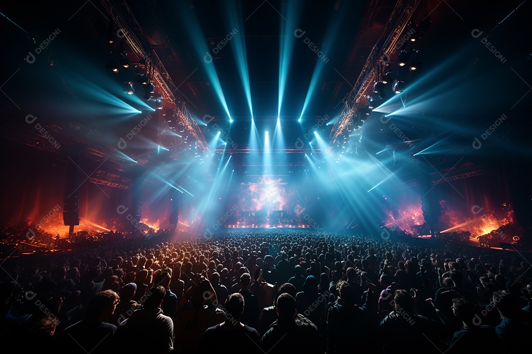Cenário lotado de palco de concertos com holofotes