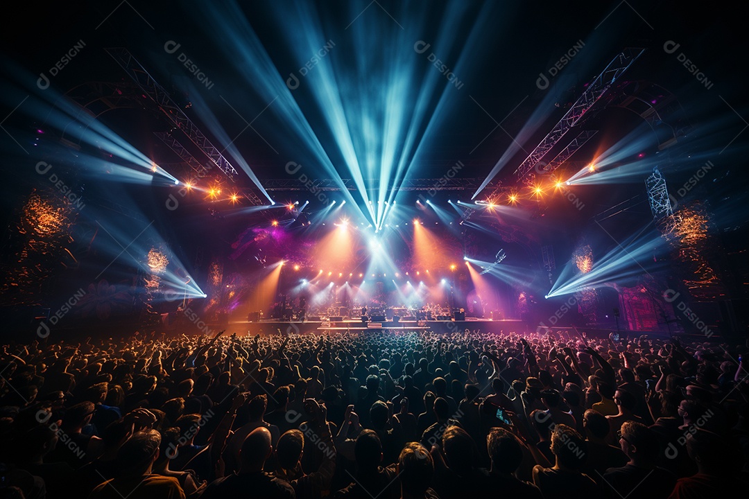 Cenário lotado de palco de concertos com holofotes