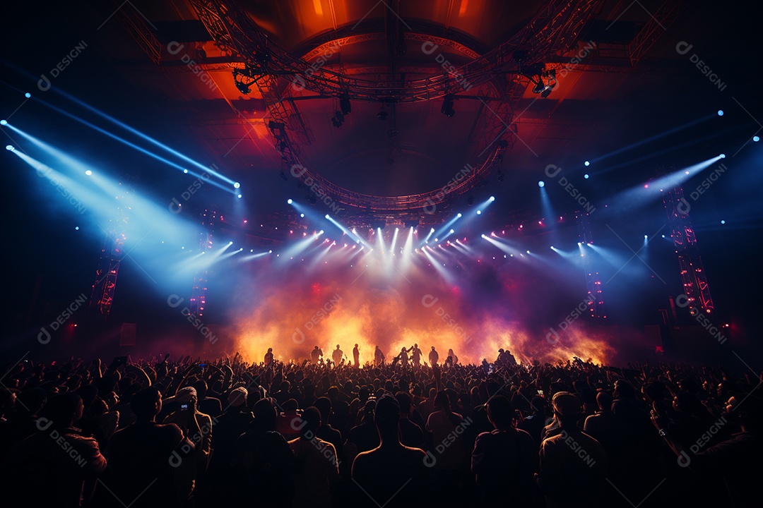 Cenário lotado de palco de concertos com holofotes