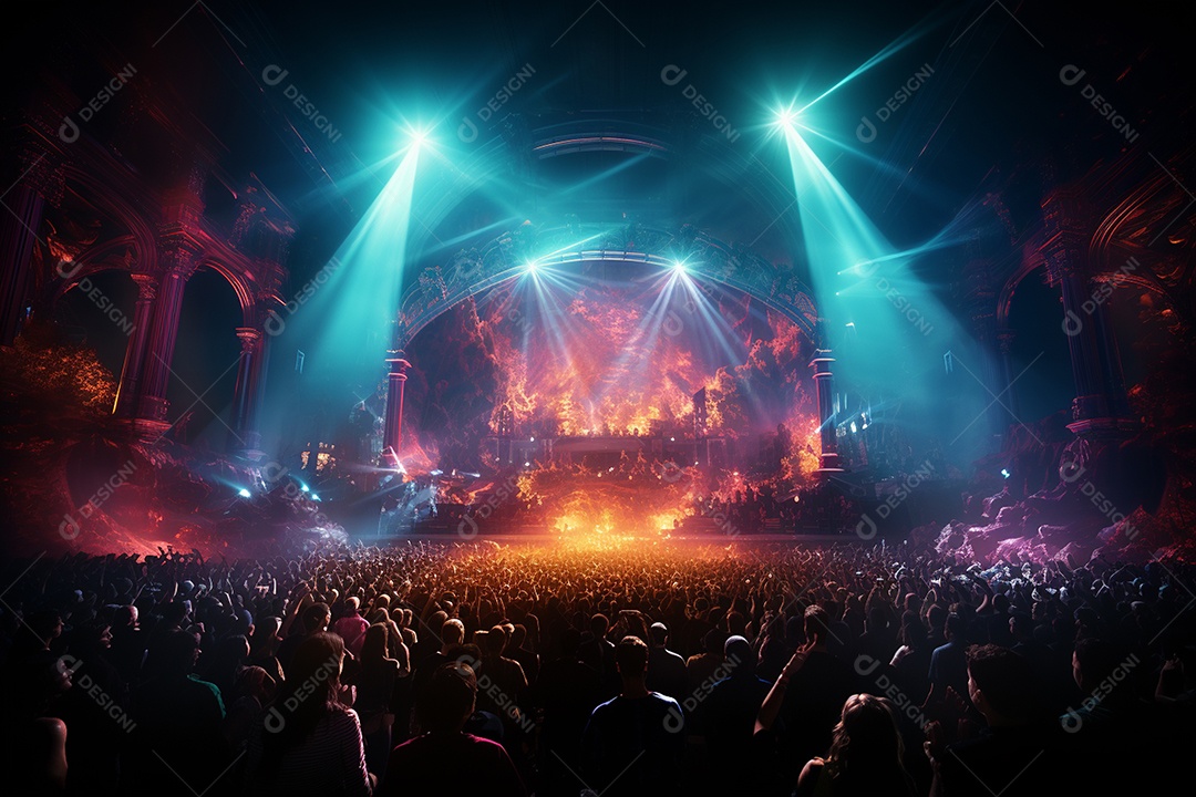 Cenário lotado de palco de concertos com holofotes