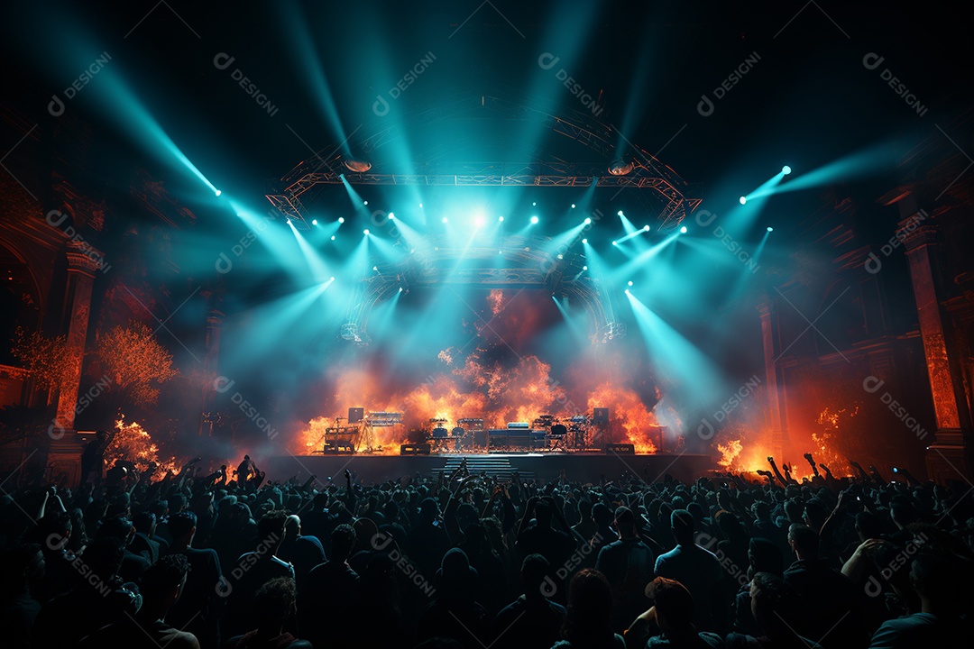 Cenário lotado de palco de concertos com holofotes