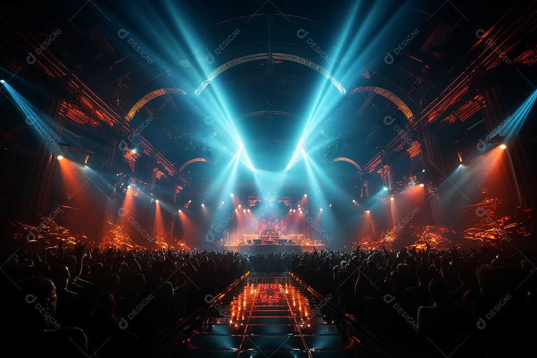 Cenário lotado de palco de concertos com holofotes