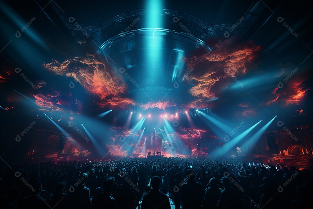 Cenário lotado de palco de concertos com holofotes