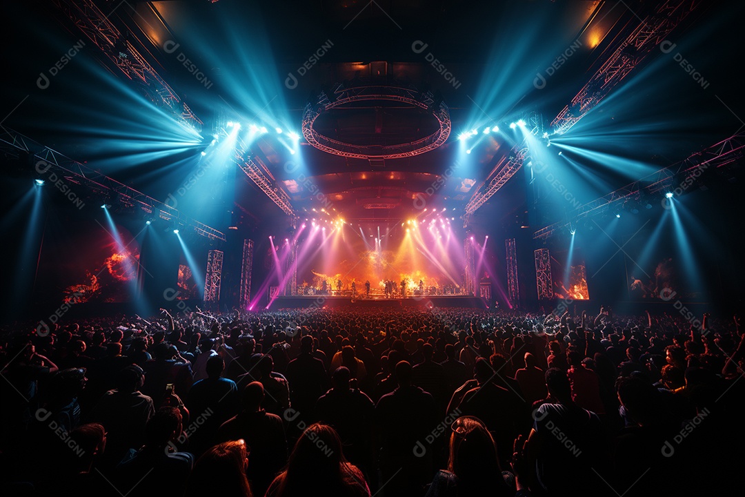 Cenário lotado de palco de concertos com holofotes