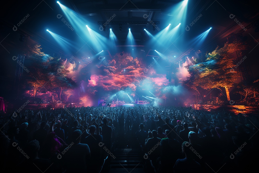 Cenário lotado de palco de concertos com holofotes