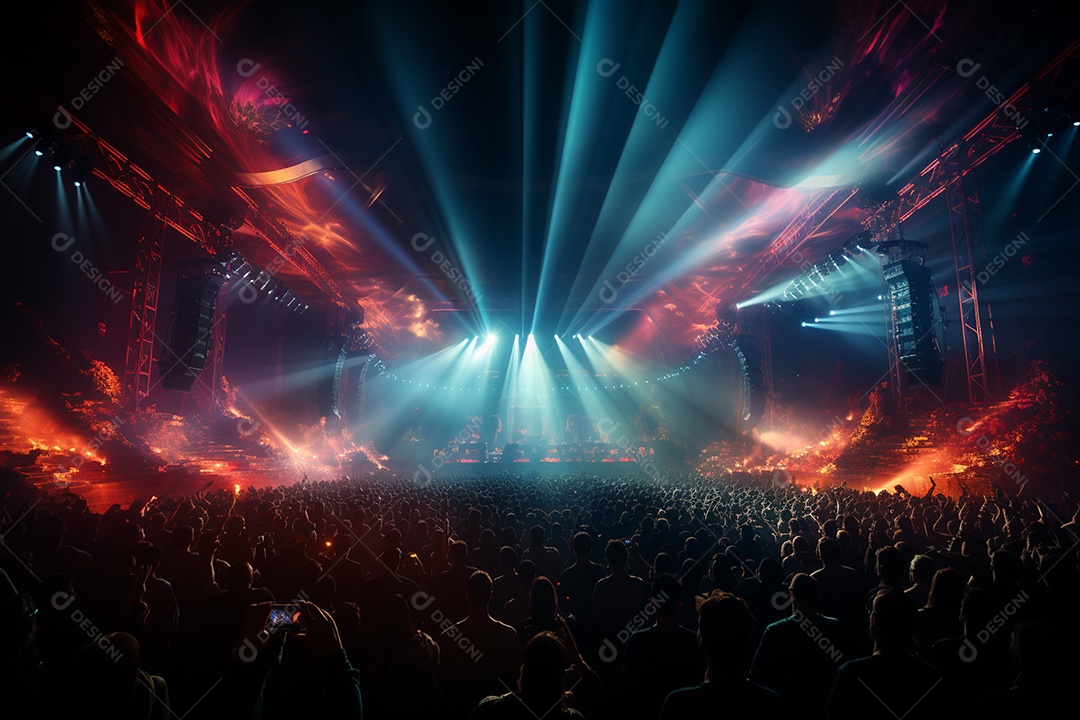 Cenário lotado de palco de concertos com holofotes