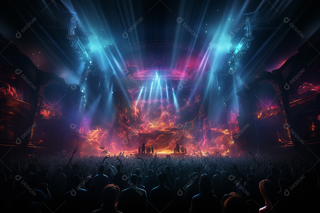 Cenário lotado de palco de concertos com holofotes