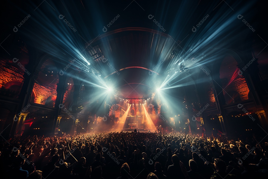 Cenário lotado de palco de concertos com holofotes