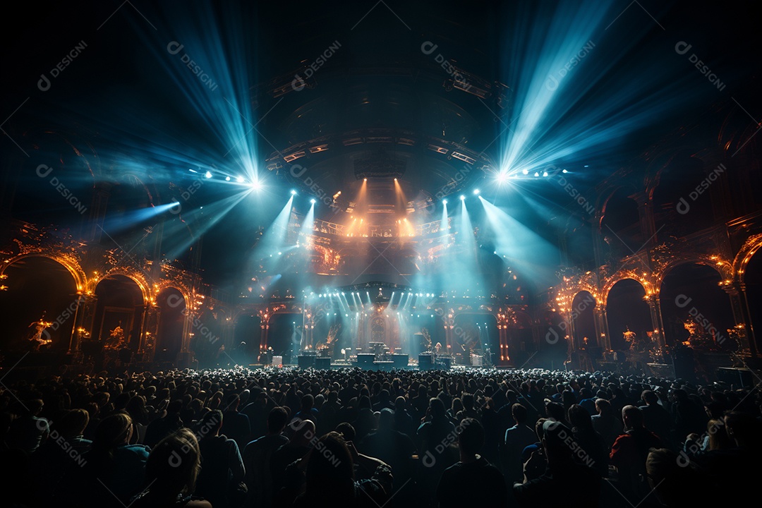 Cenário lotado de palco de concertos com holofotes