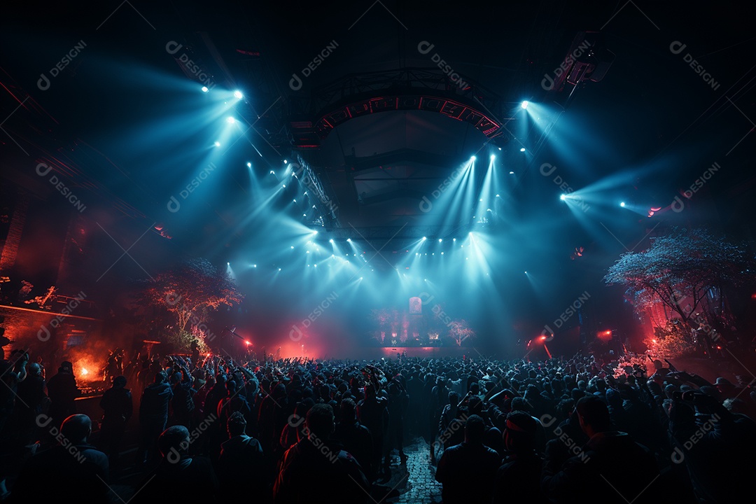 Cenário lotado de palco de concertos com holofotes