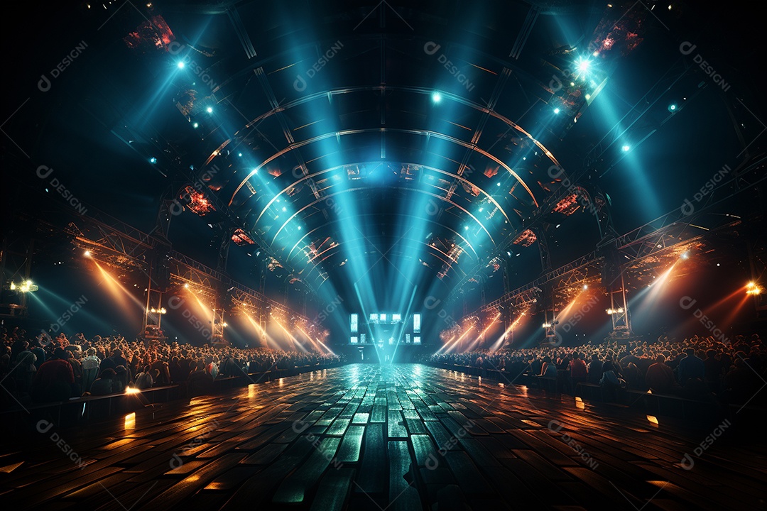 Cenário lotado de palco de concertos com holofotes