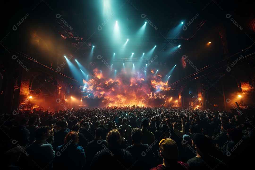 Cenário lotado de palco de concertos com holofotes