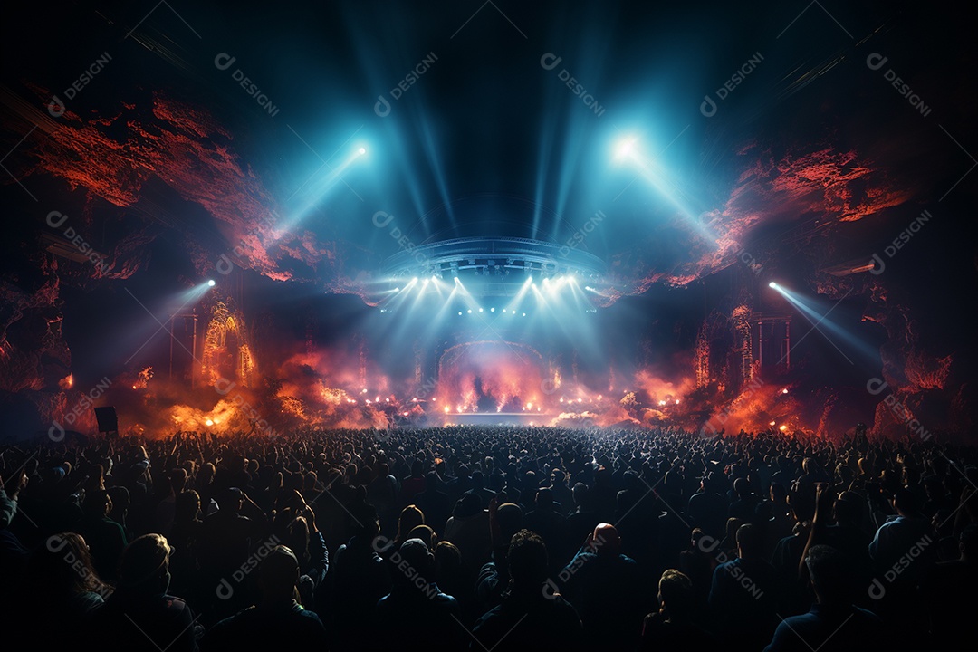 Cenário lotado de palco de concertos com holofotes
