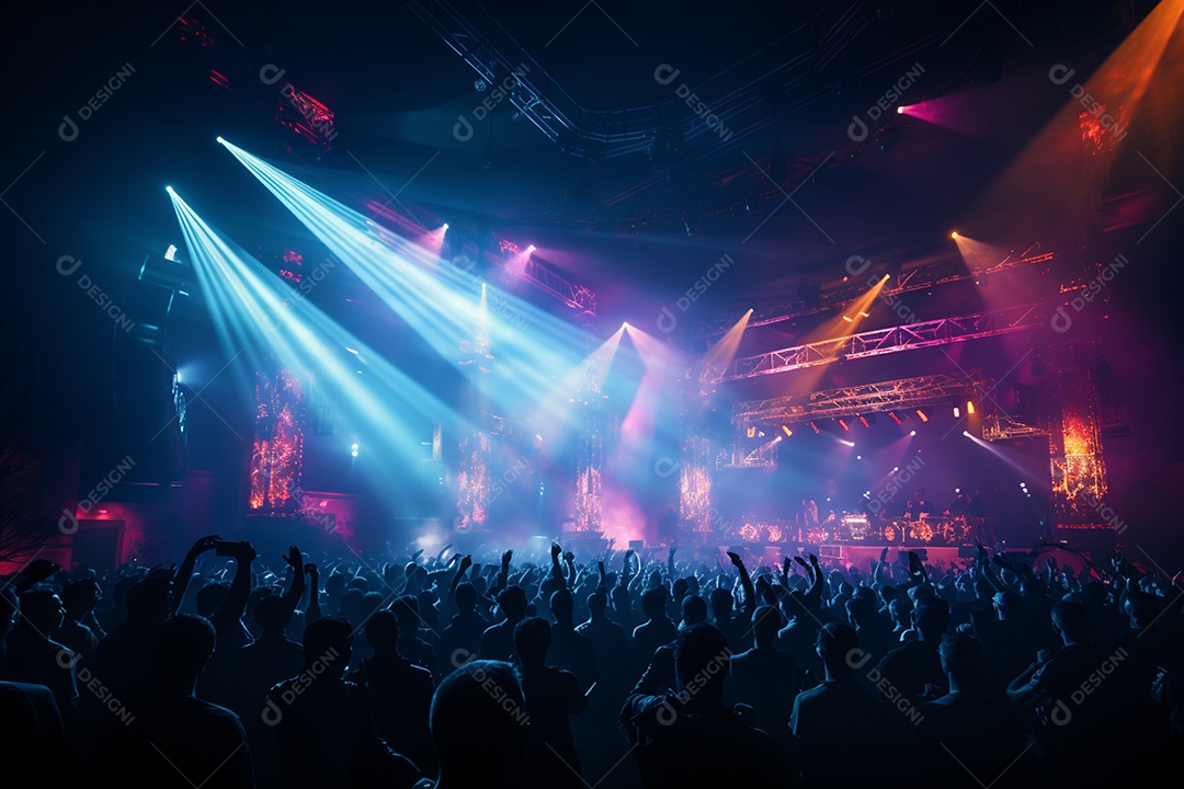 Cenário lotado de palco de concertos com holofotes