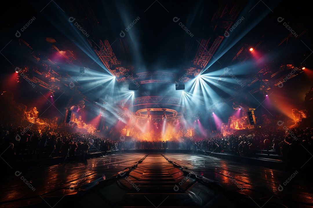 Cenário lotado de palco de concertos com holofotes