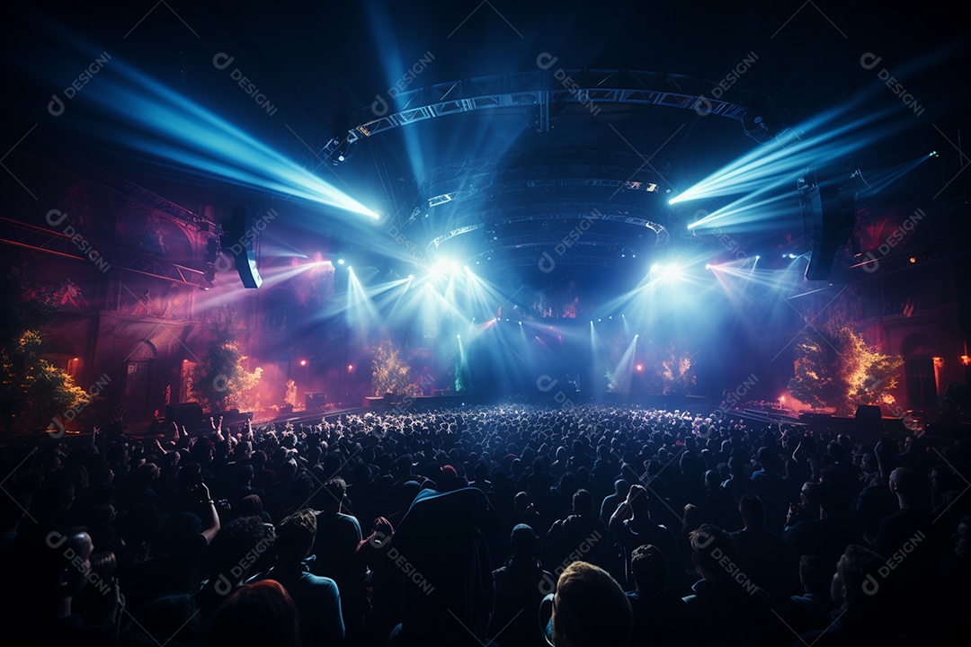 Cenário lotado de palco de concertos com holofotes