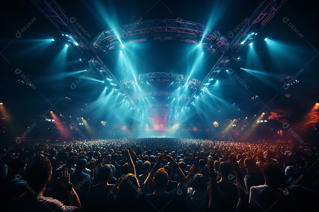 Cenário lotado de palco de concertos com holofotes