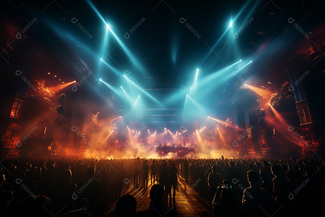 Cenário lotado de palco de concertos com holofotes