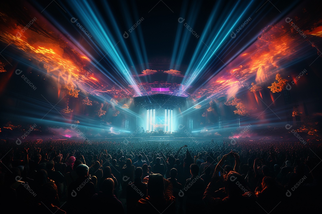 Cenário lotado de palco de concertos com holofotes