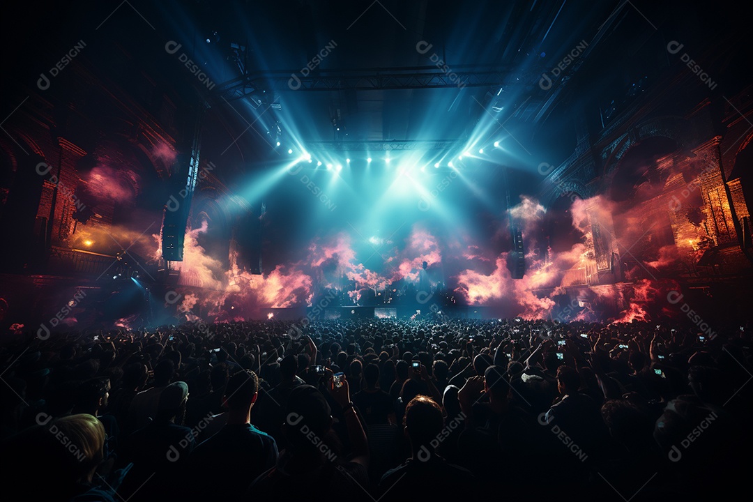 Cenário lotado de palco de concertos com holofotes