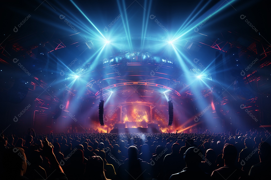 Cenário lotado de palco de concertos com holofotes