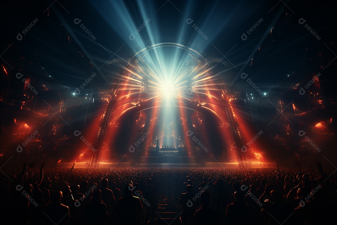 Cenário lotado de palco de concertos com holofotes