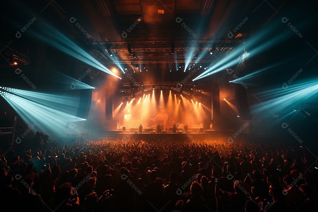 Cenário lotado de palco de concertos com holofotes