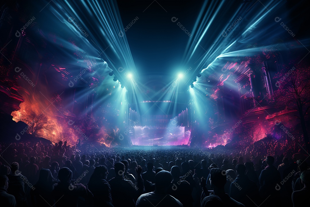 Cenário lotado de palco de concertos com holofotes