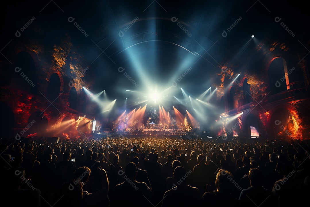 Cenário lotado de palco de concertos com holofotes