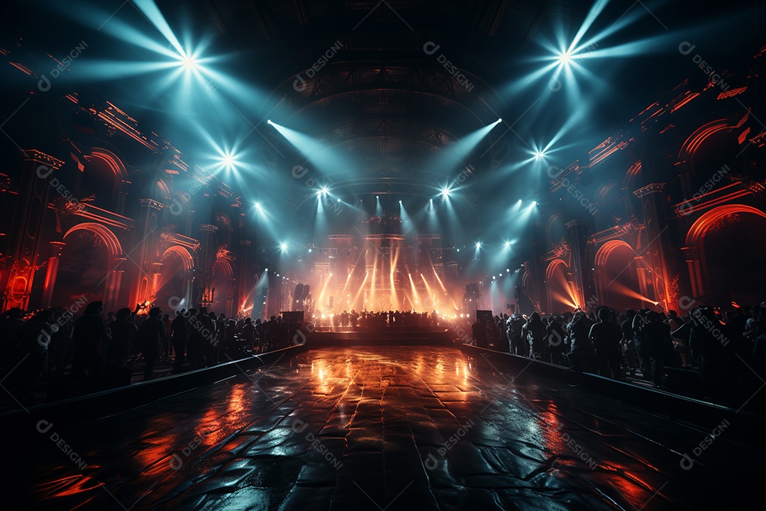Cenário lotado de palco de concertos com holofotes