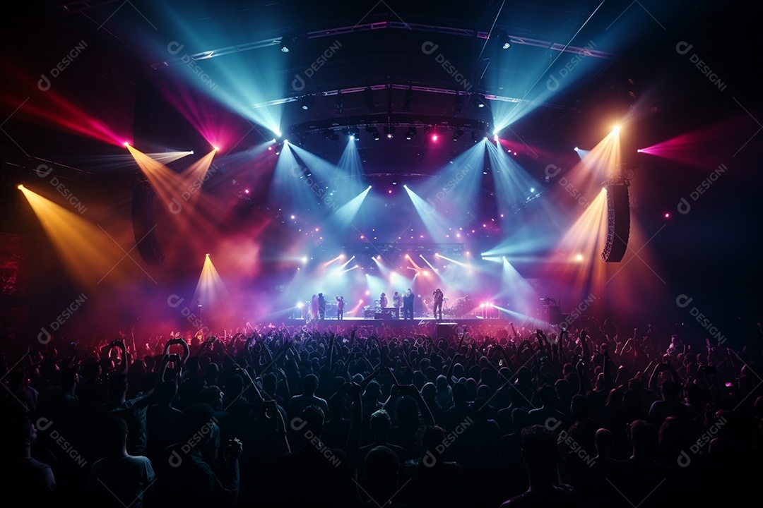 Cenário lotado de palco de concertos com holofotes