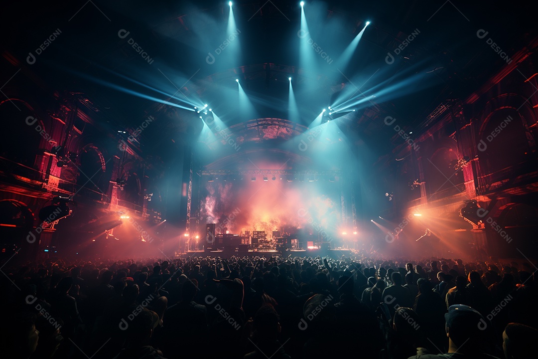 Cenário lotado de palco de concertos com holofotes