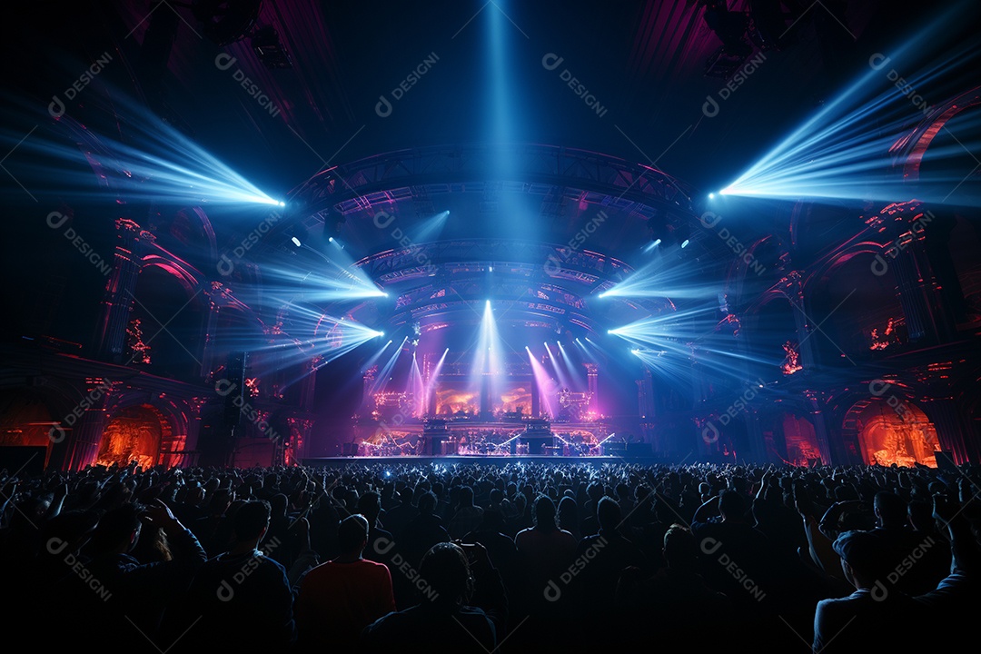 Cenário lotado de palco de concertos com holofotes