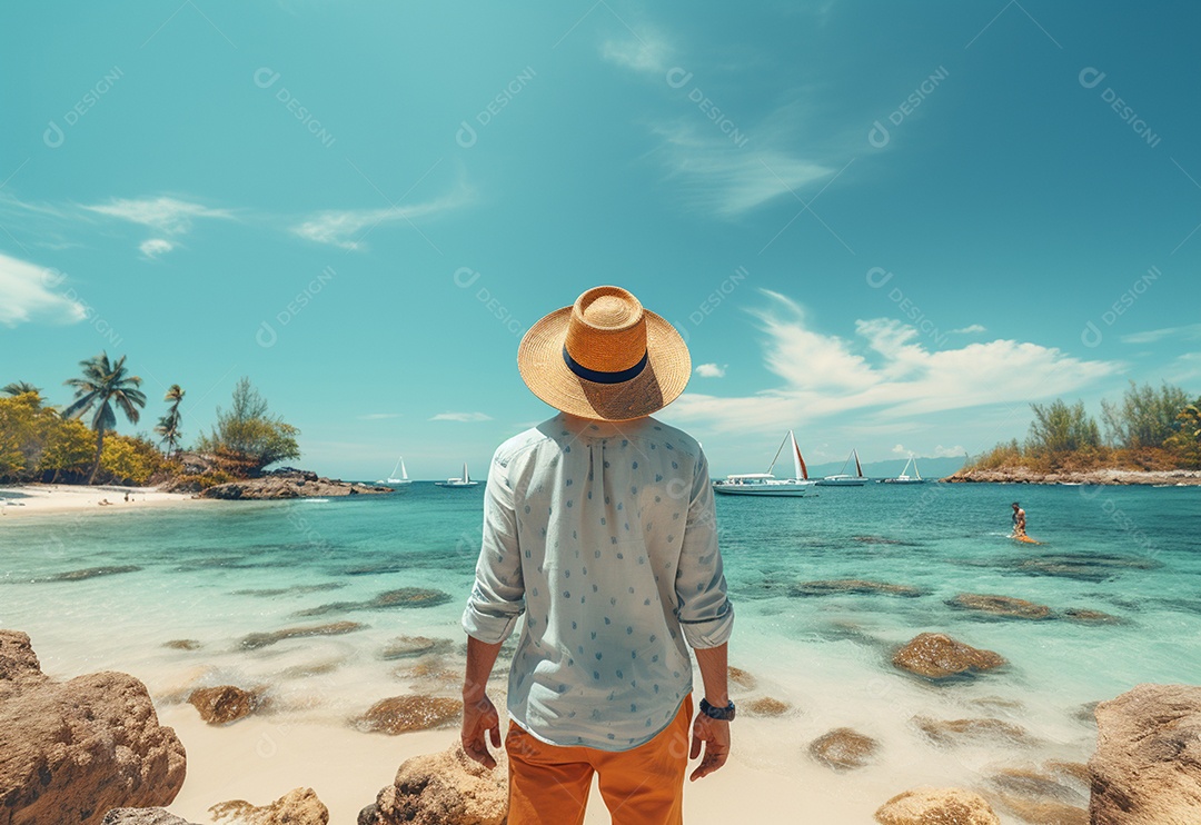 Vista traseira jovem turista com vestido e chapéu de verão