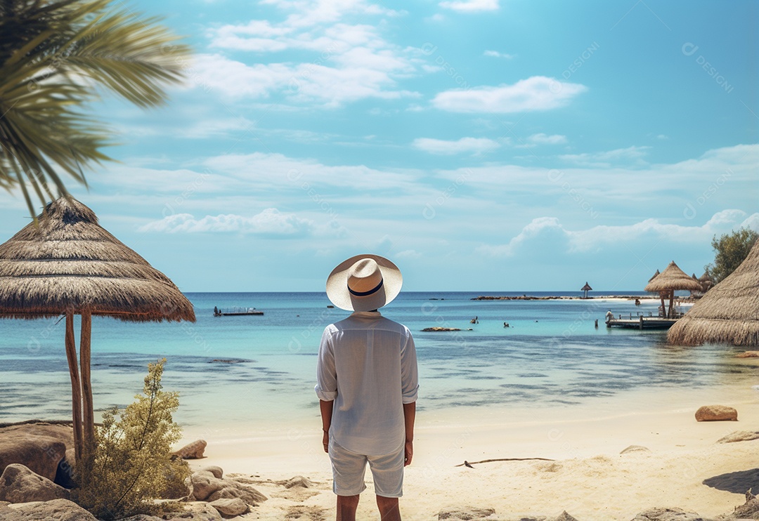 Jovem turista na praia de chapéu
