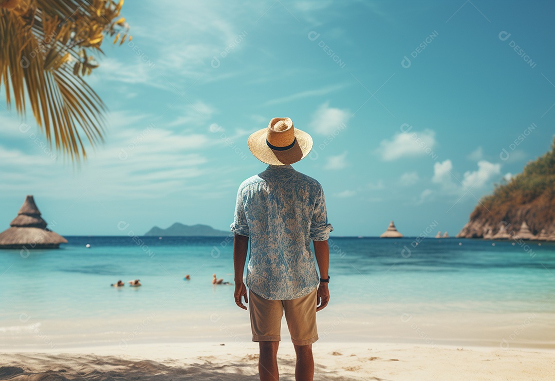 Jovem turista na praia de chapéu