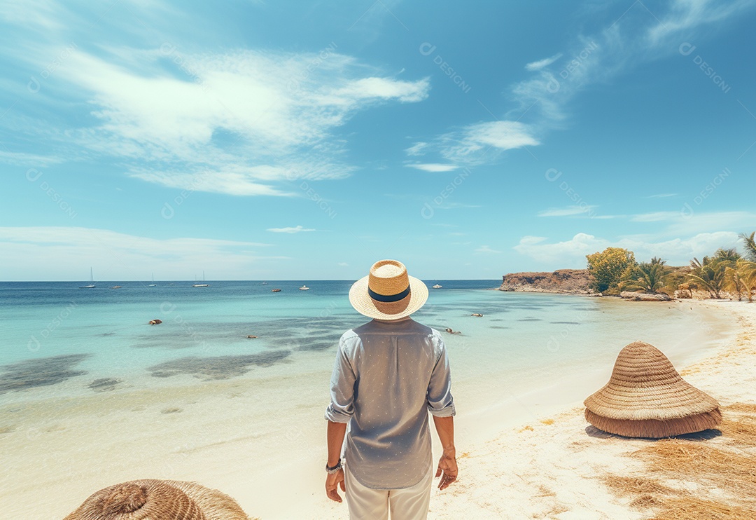 Jovem turista na praia de chapéu