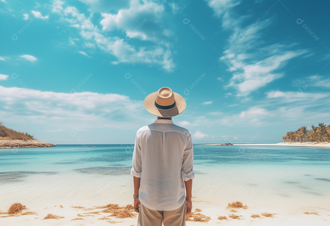 Jovem turista na praia de chapéu