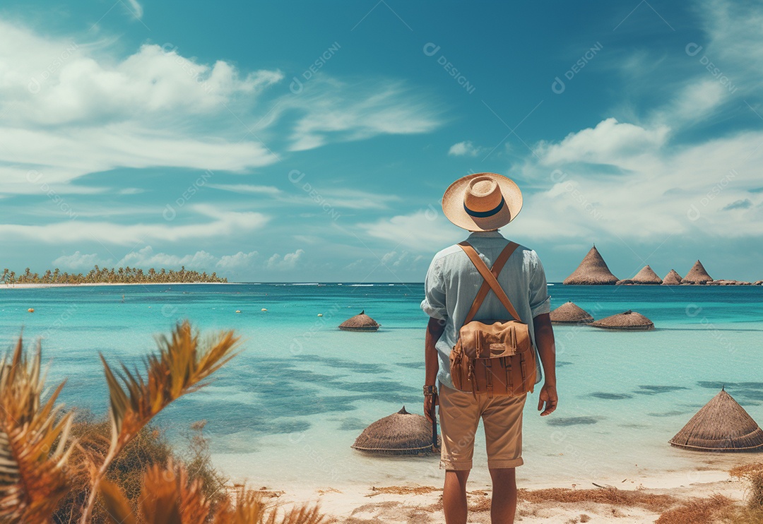 Jovem turista na praia de chapéu