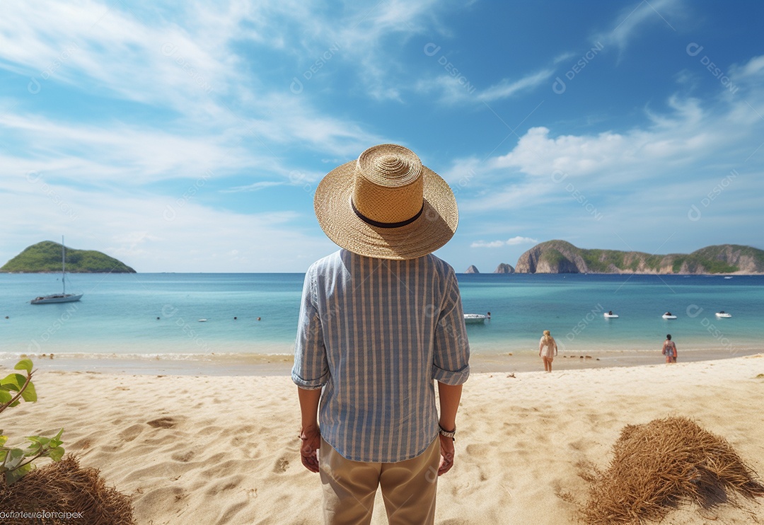 Jovem turista na praia de chapéu