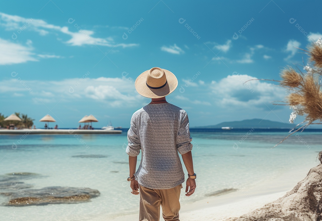 Jovem turista na praia de chapéu