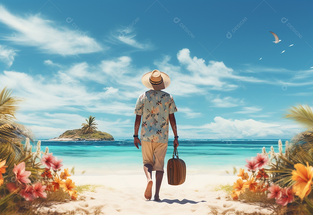 Jovem turista na praia de chapéu