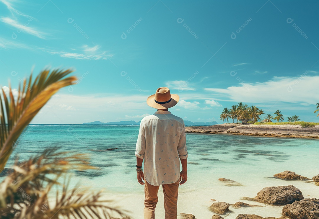 Jovem turista na praia de chapéu