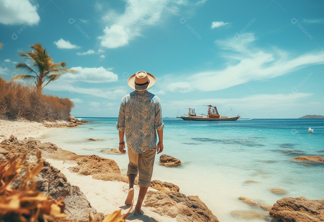 Jovem turista na praia de chapéu