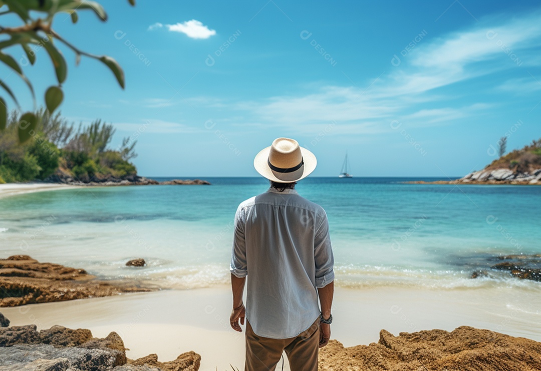 Jovem turista na praia de chapéu