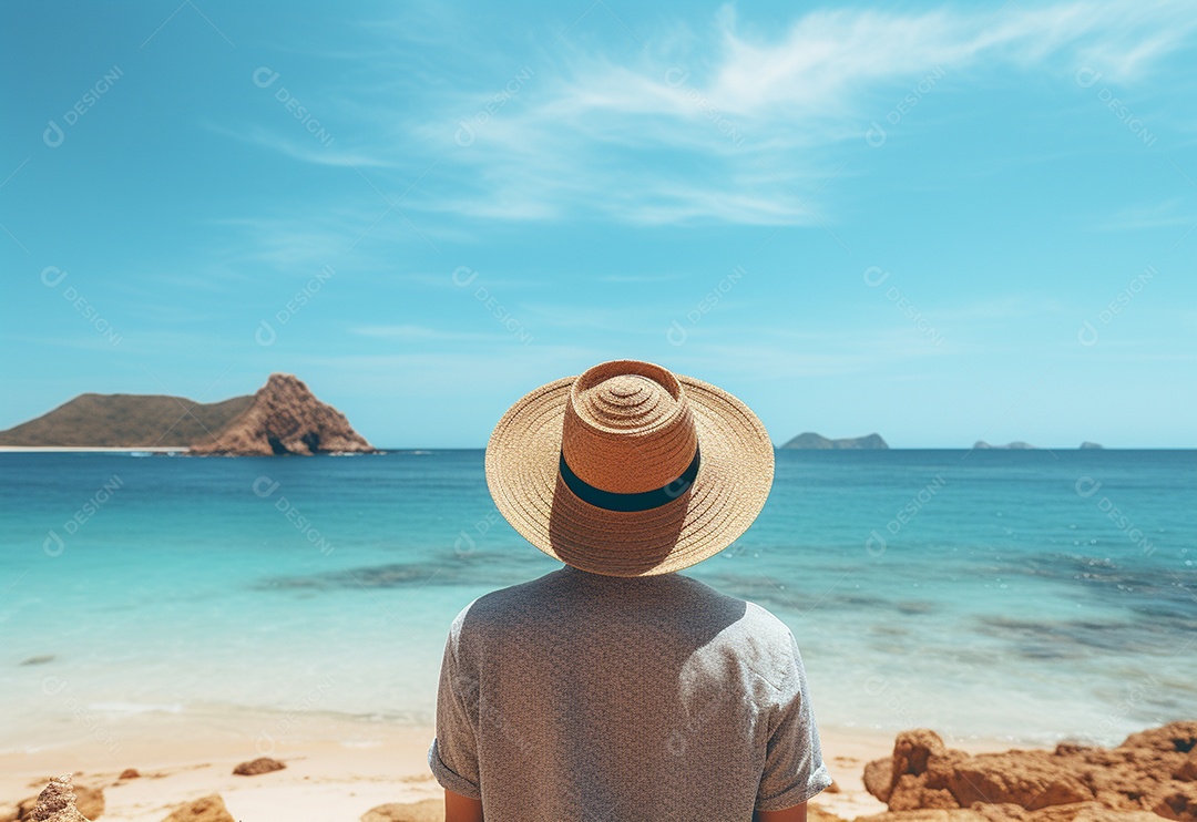 Jovem turista na praia de chapéu