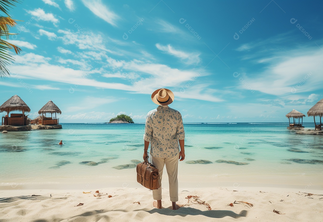 Jovem turista na praia de chapéu