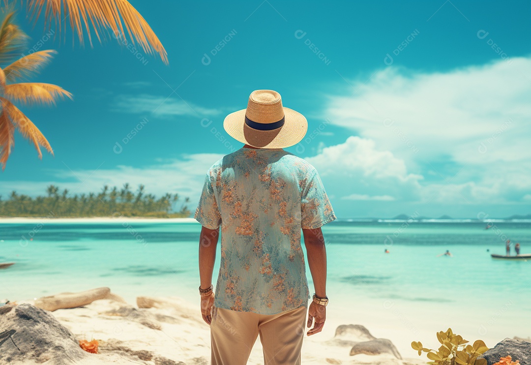 Jovem turista na praia de chapéu