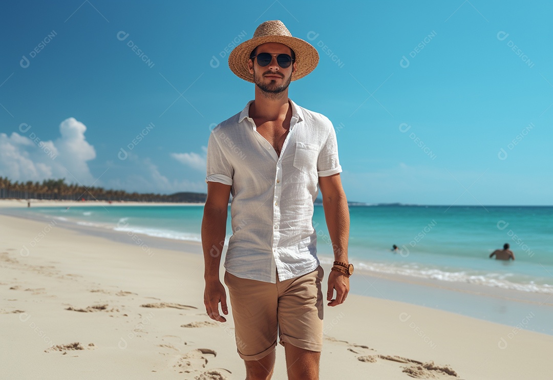 Jovem turista na praia de chapéu