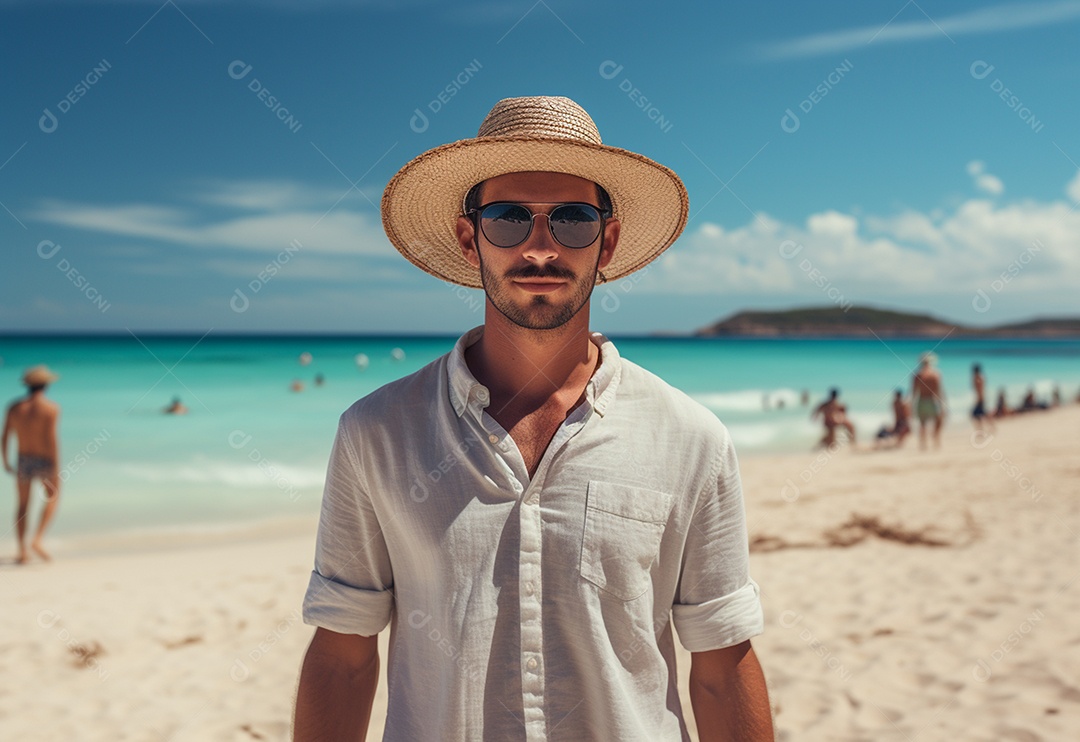 Jovem turista na praia de chapéu